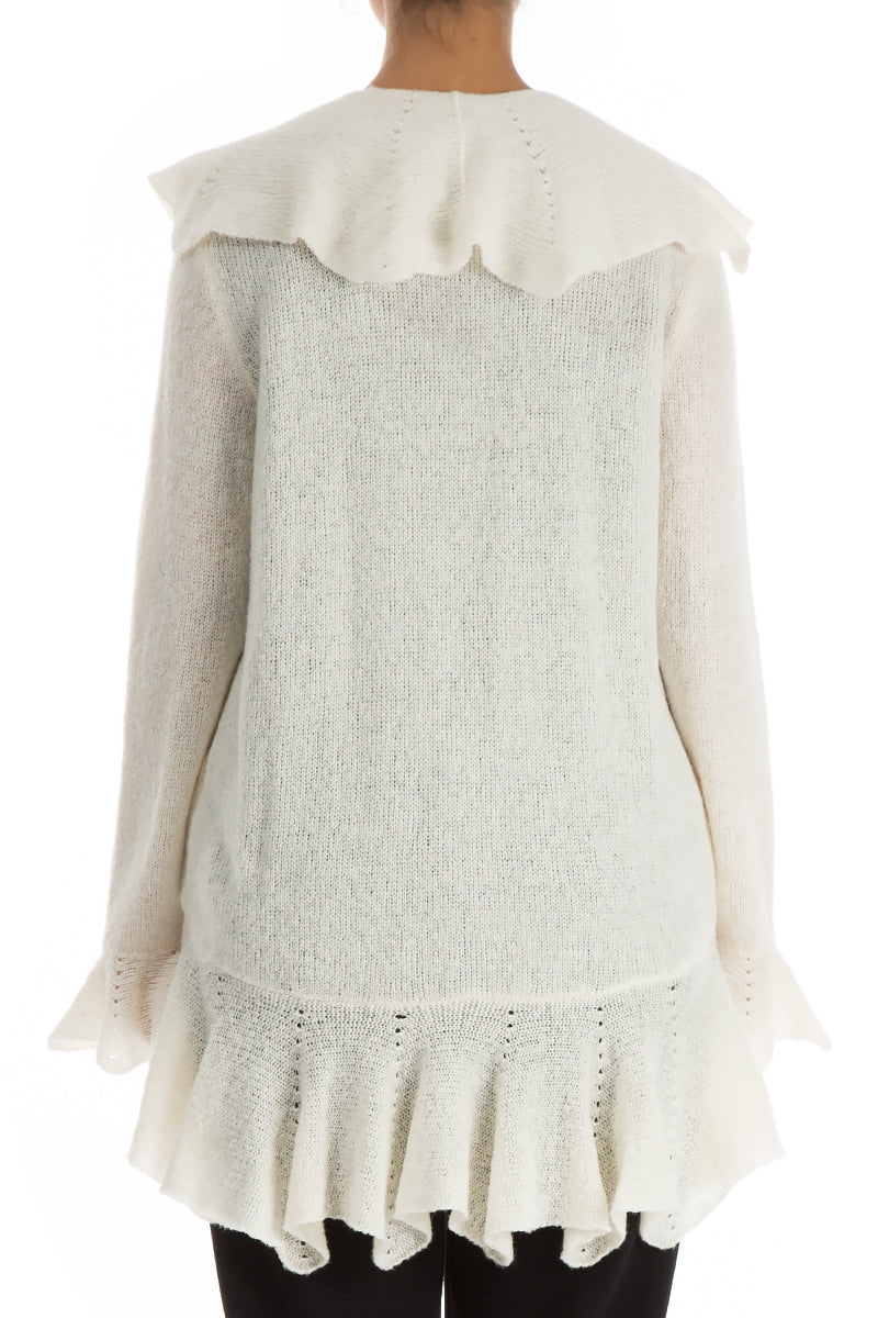Ruffles Decorated White Wool Sweater