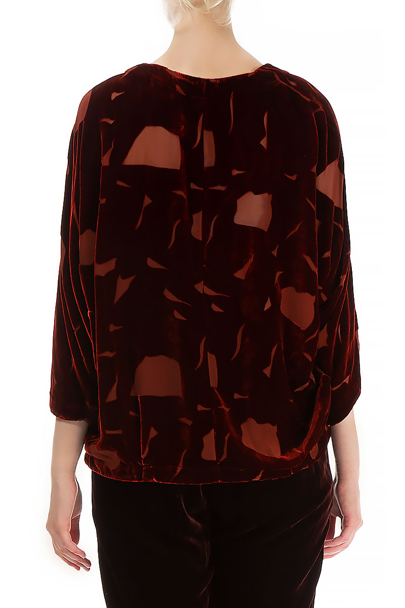 Short Patterned Brick Silk Velvet Blouse
