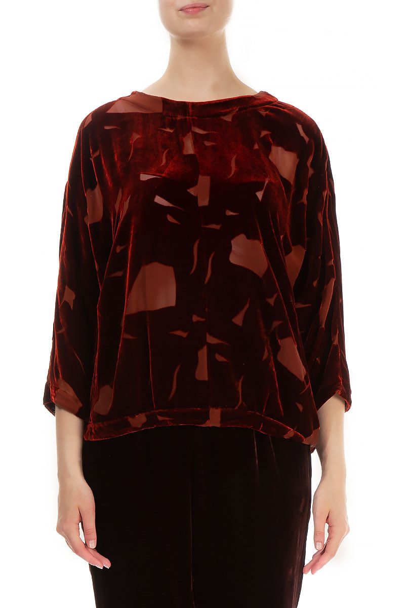 Short Patterned Brick Silk Velvet Blouse