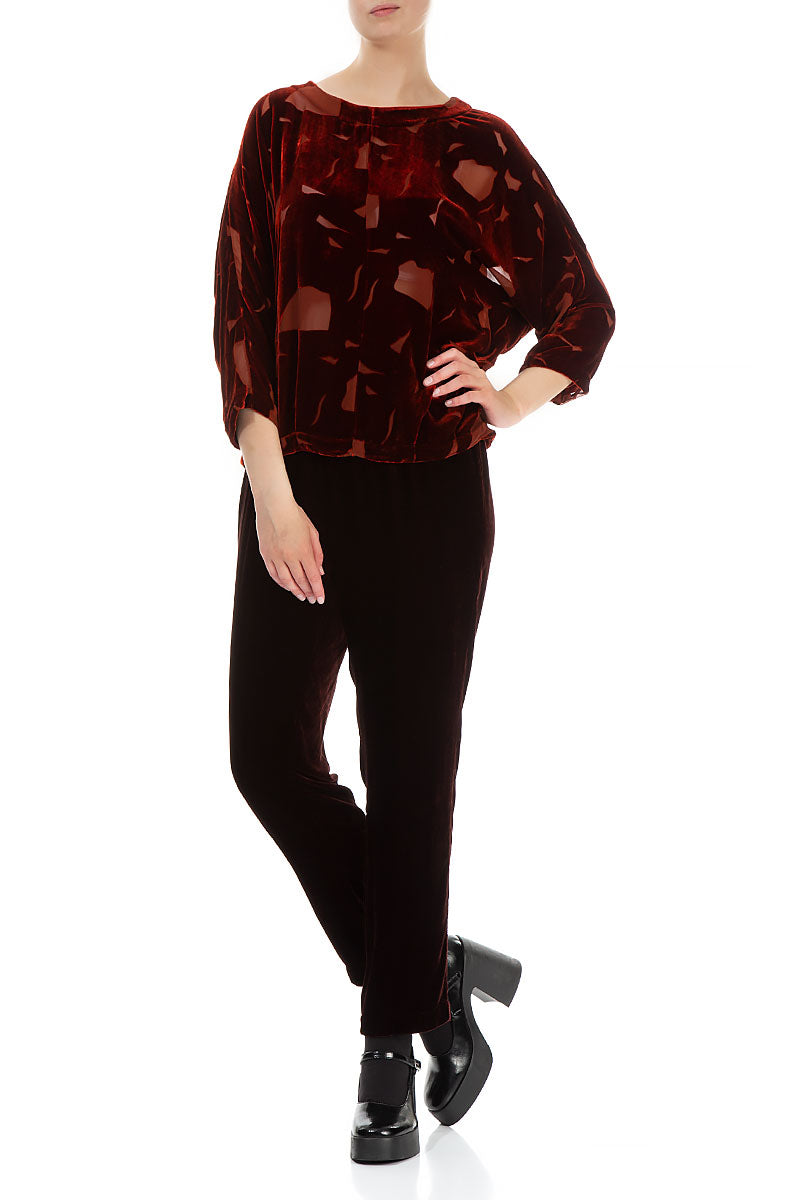 Short Patterned Brick Silk Velvet Blouse