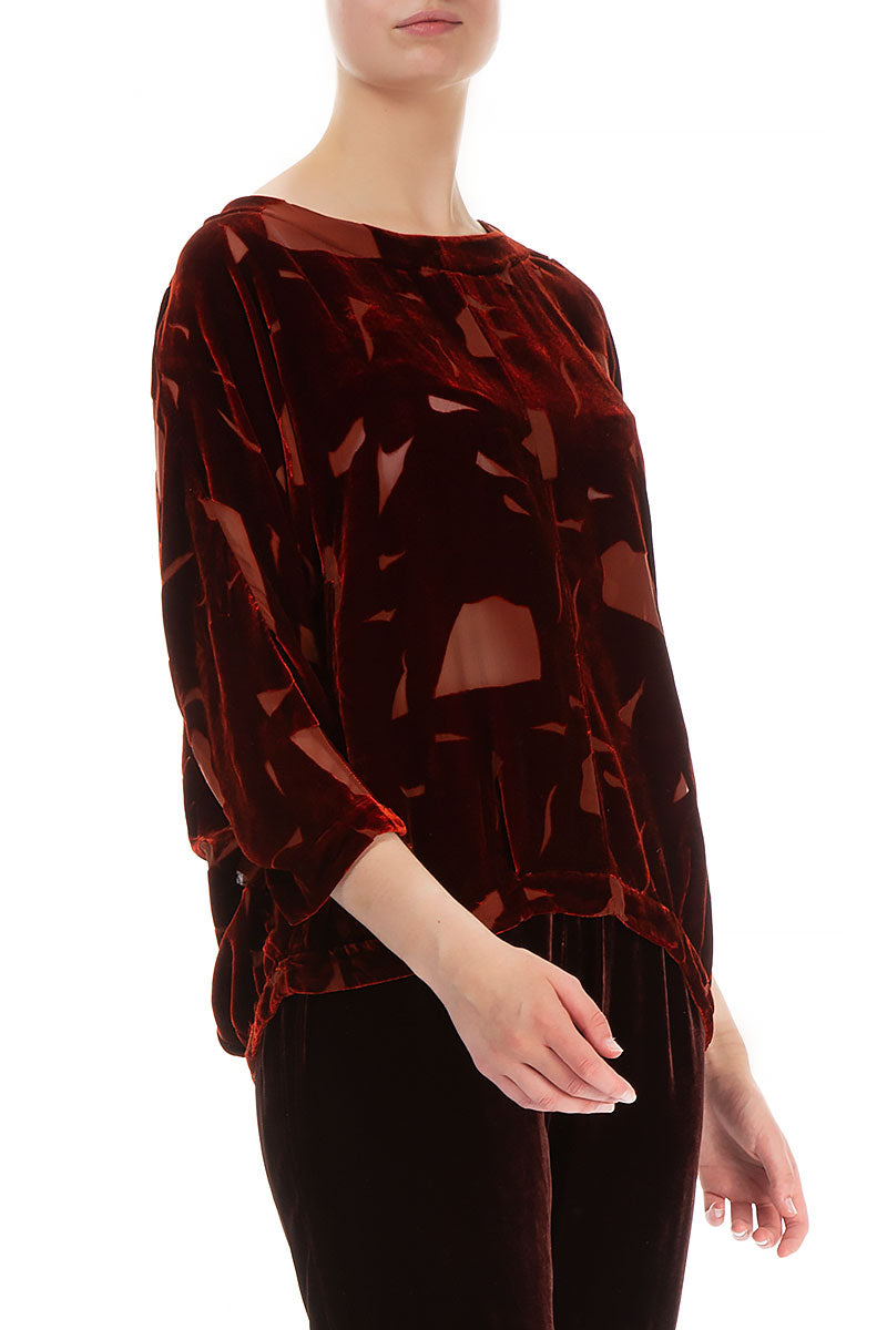 Short Patterned Brick Silk Velvet Blouse