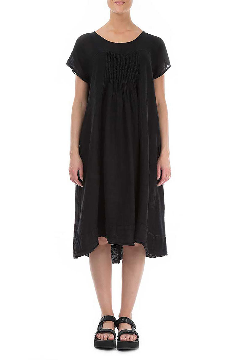 Short Sleeves Black Linen Midi Dress