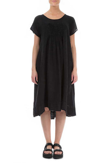 Short Sleeves Black Linen Midi Dress