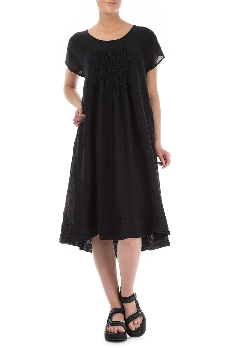 Short Sleeves Black Linen Midi Dress