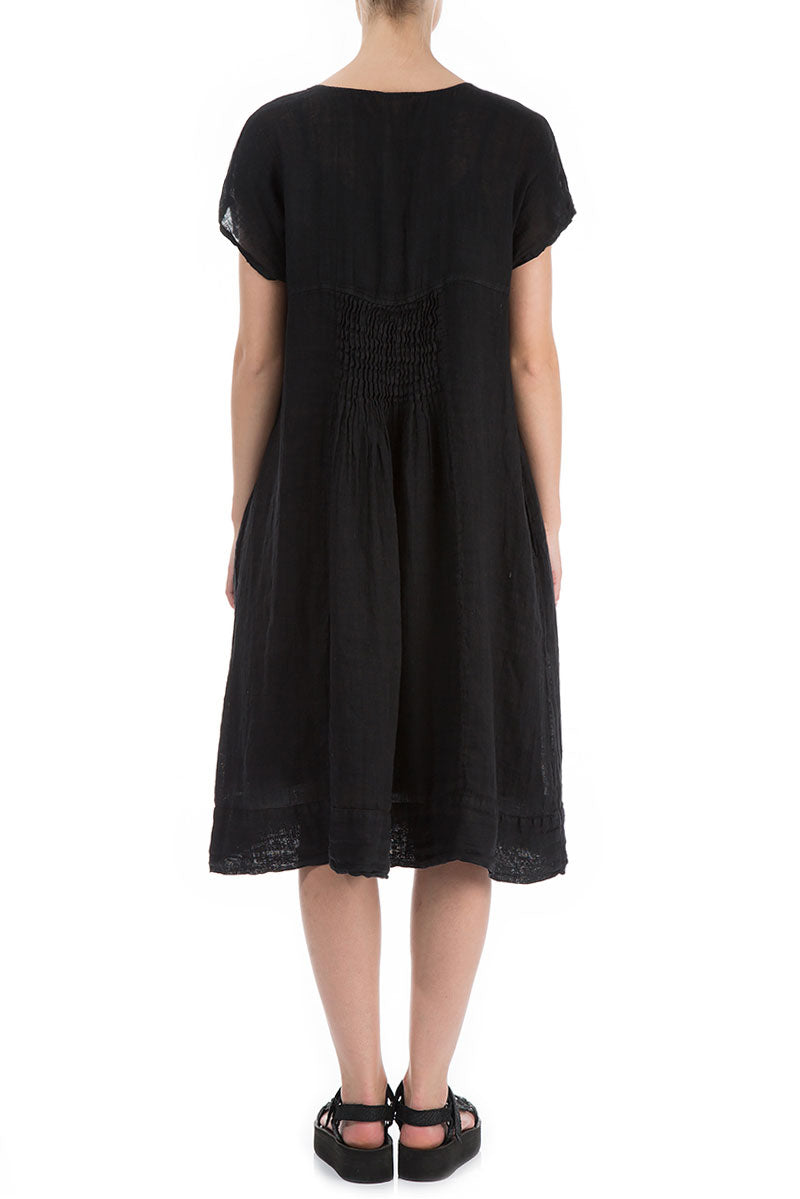 Short Sleeves Black Linen Midi Dress