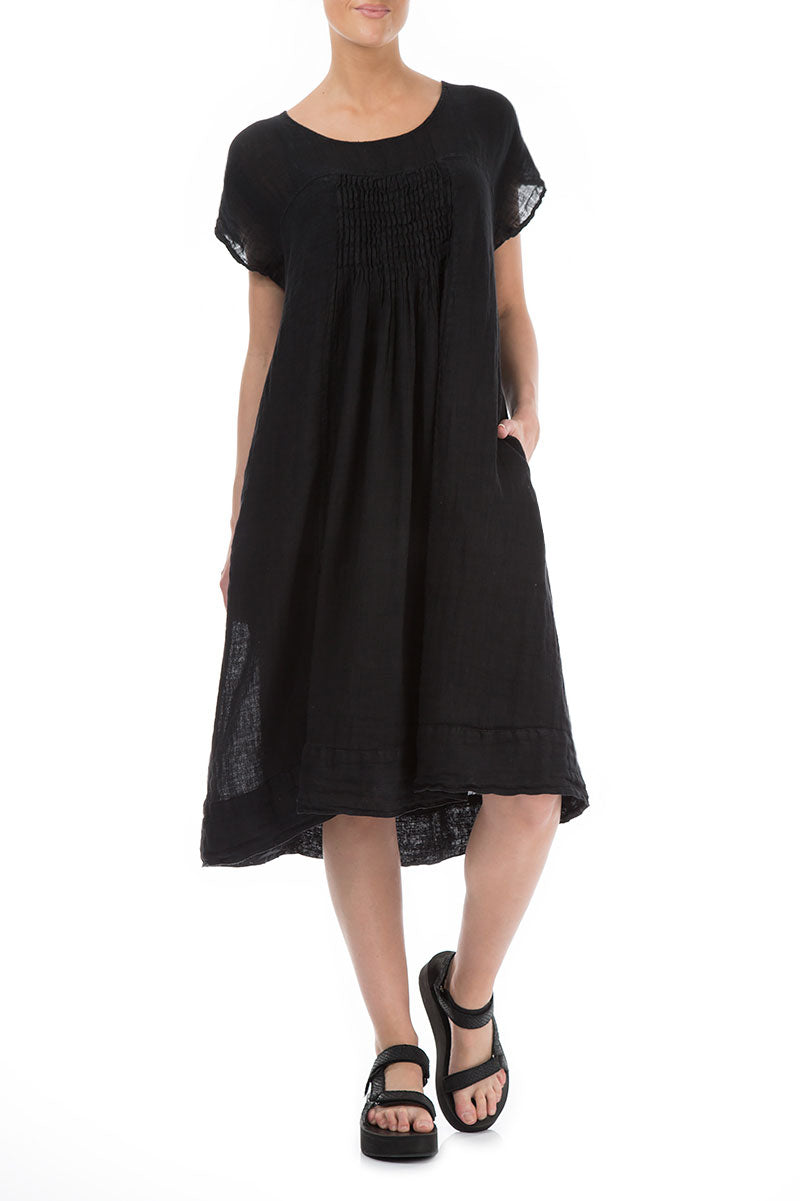 Short Sleeves Black Linen Midi Dress