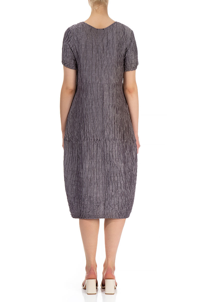Short Sleeves Balloon Crinkled Amethyst Silk Dress