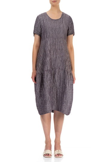 Short Sleeves Balloon Crinkled Amethyst Silk Dress