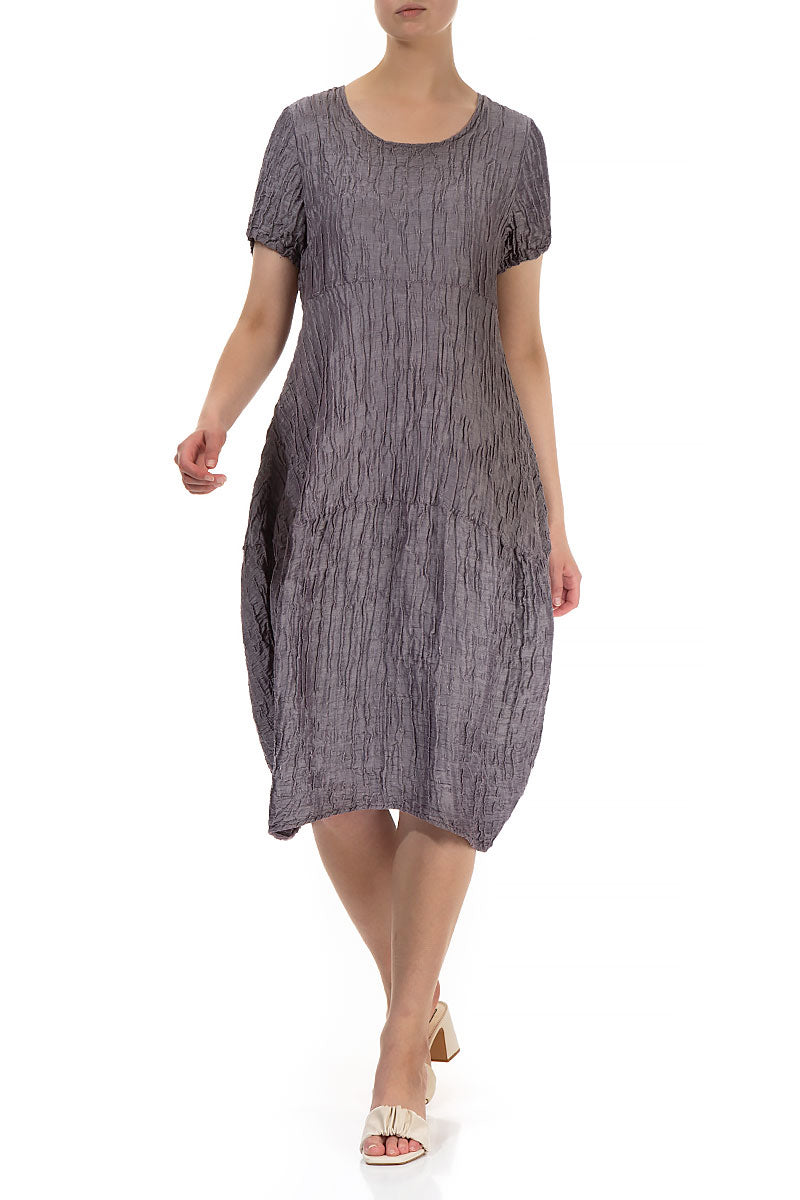 Short Sleeves Balloon Crinkled Amethyst Silk Dress