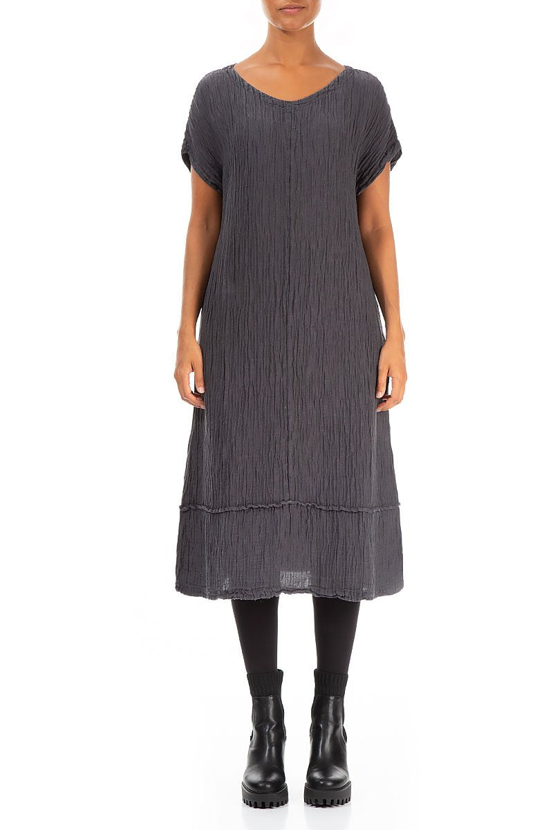 Short Sleeves Crinkled Steel Grey Silk Linen Dress