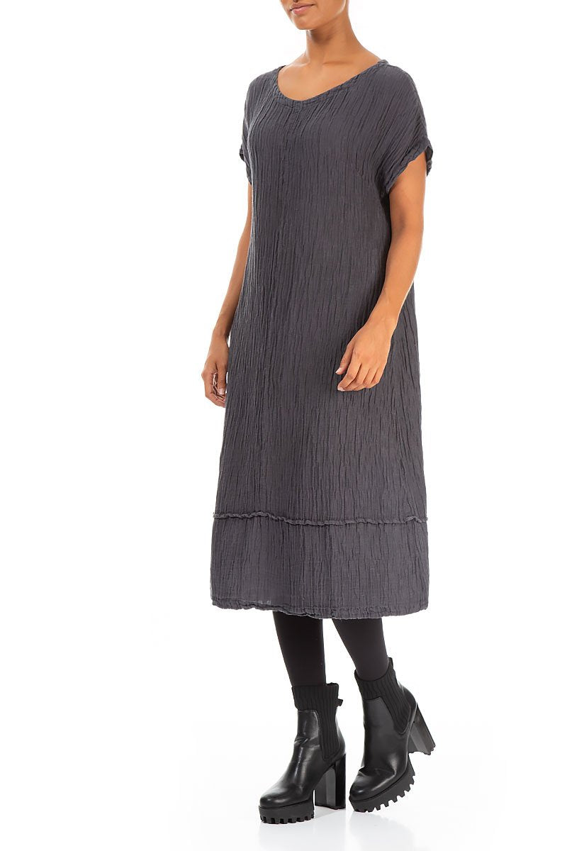 Short Sleeves Crinkled Steel Grey Silk Linen Dress