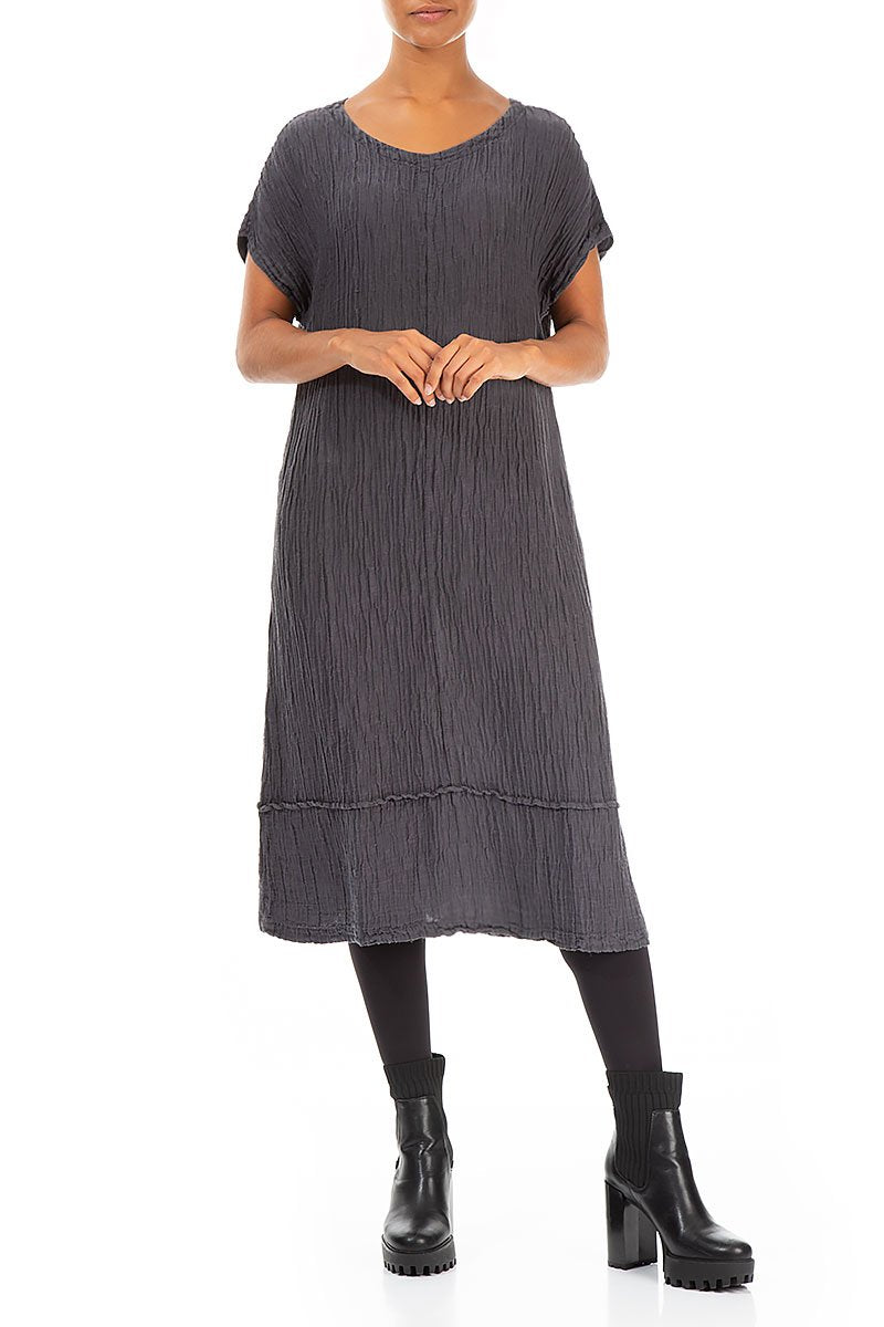 Short Sleeves Crinkled Steel Grey Silk Linen Dress