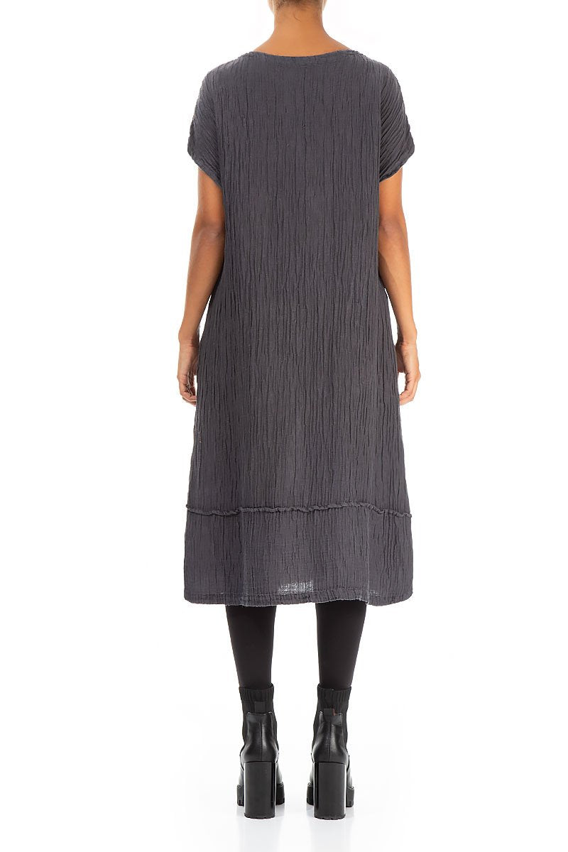Short Sleeves Crinkled Steel Grey Silk Linen Dress