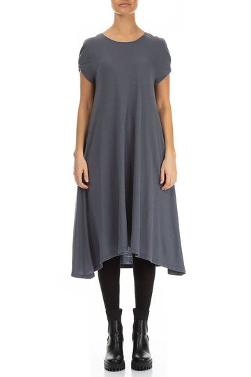 Short Sleeves Midi Grey Wool Dress