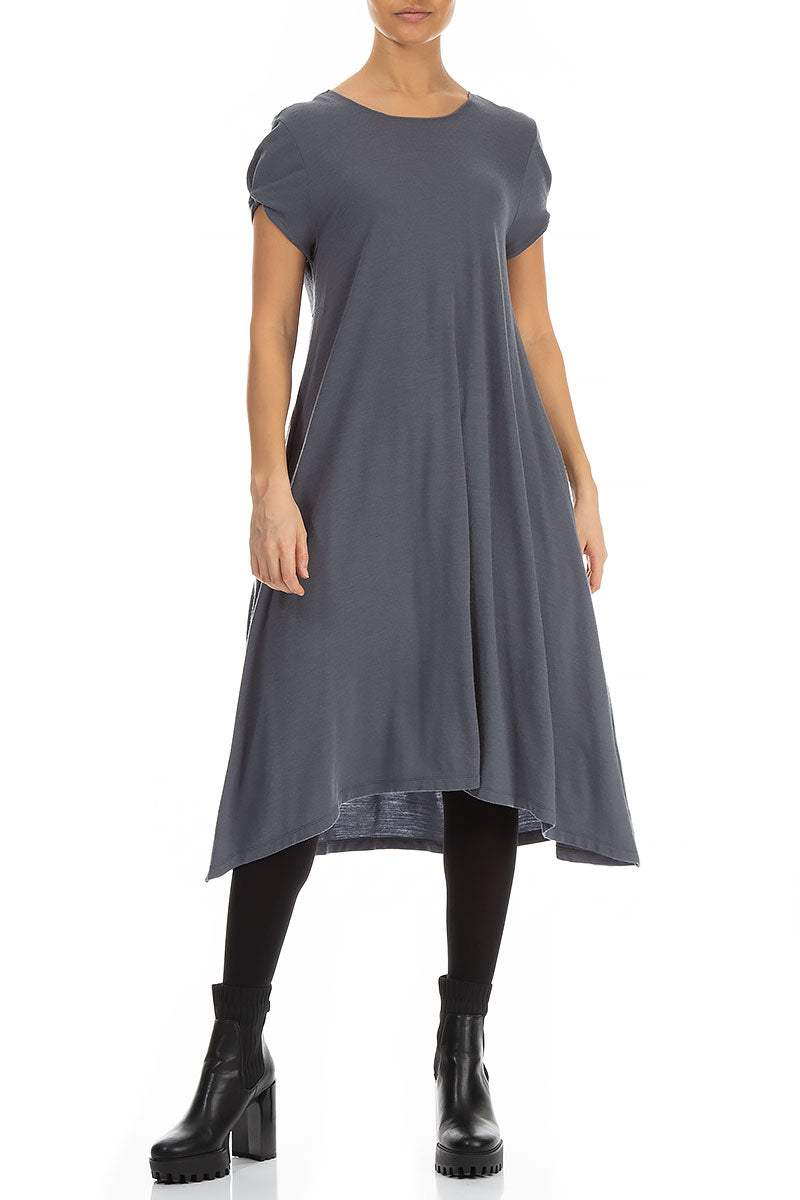 Short Sleeves Midi Grey Wool Dress