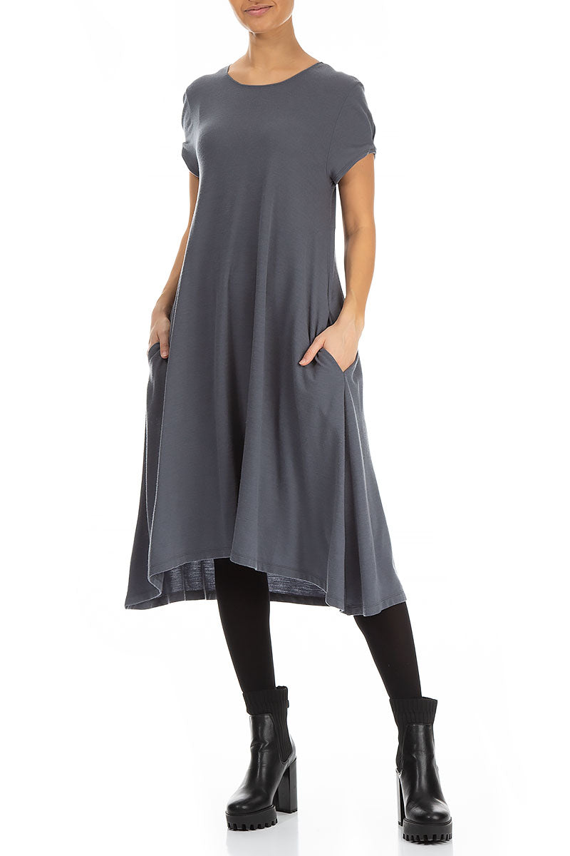 Short Sleeves Midi Grey Wool Dress
