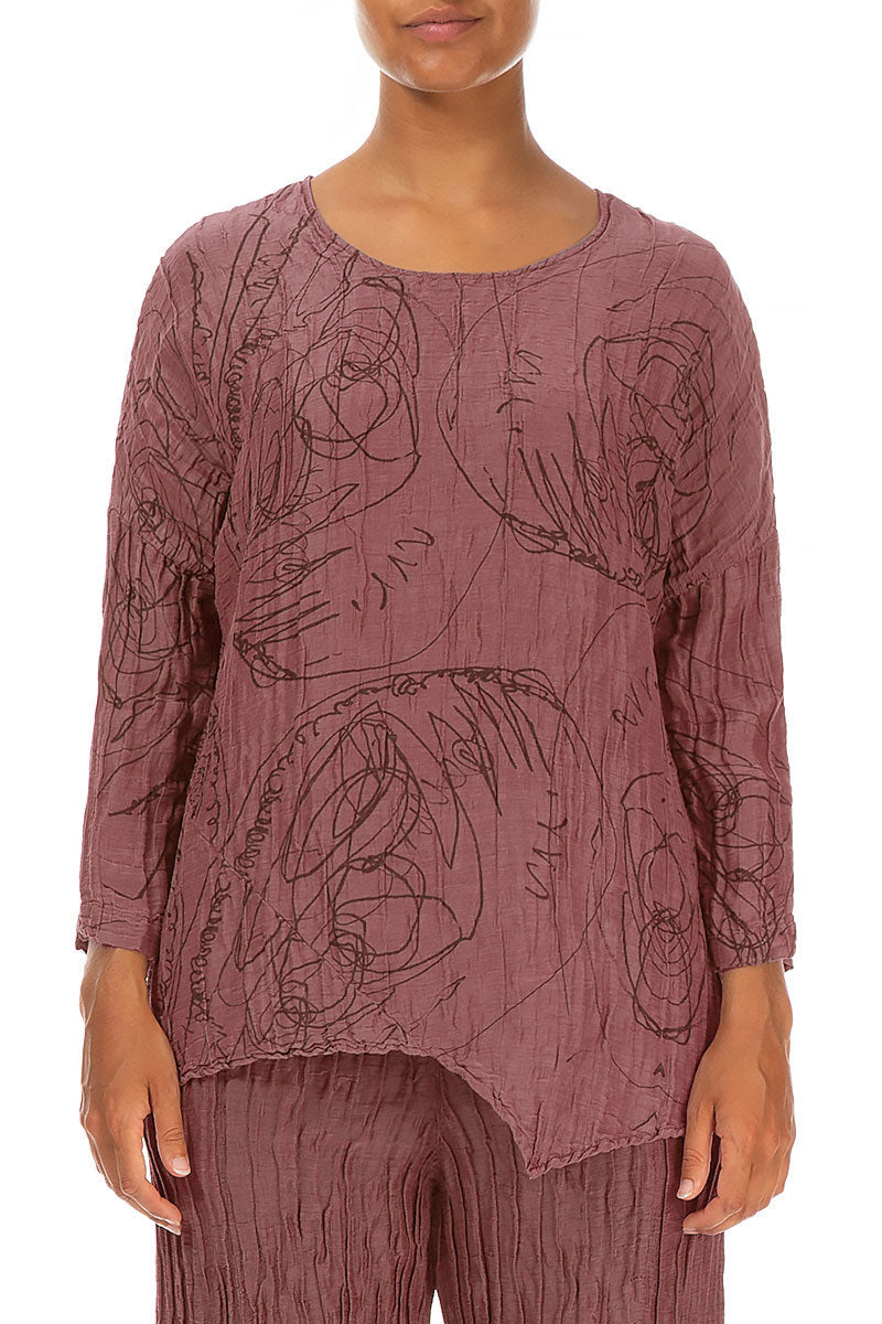 Asymmetric Crinkled Dusty Rose Abstract Draw Blouse