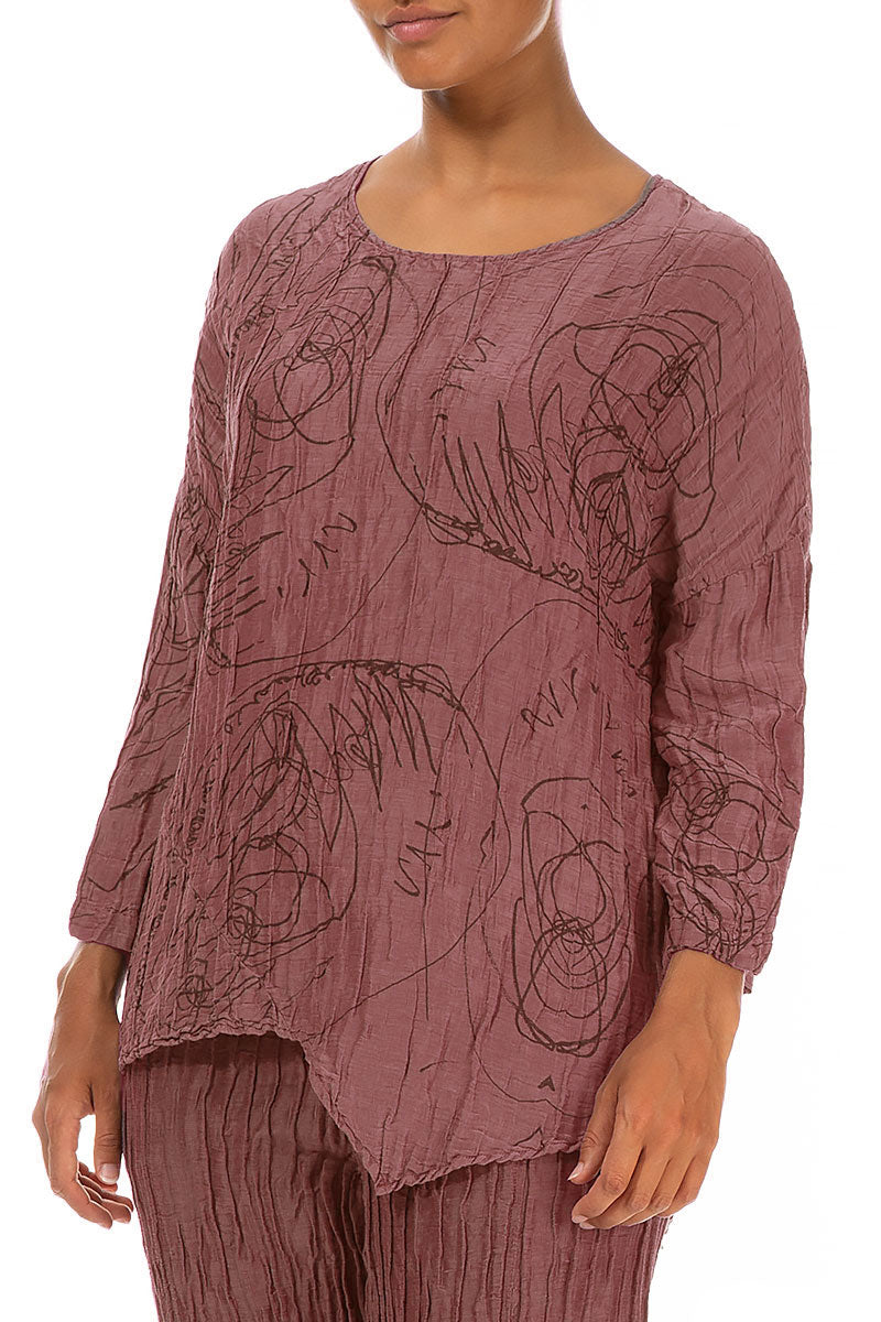 Asymmetric Crinkled Dusty Rose Abstract Draw Blouse
