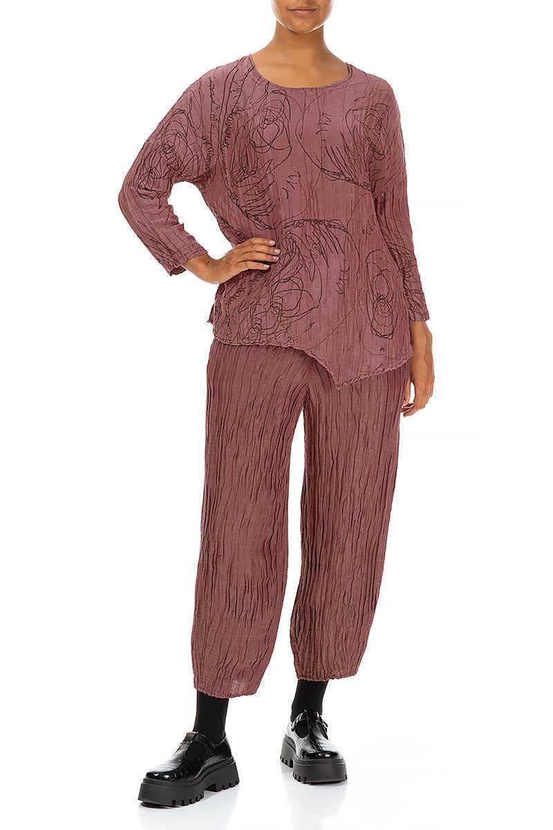 Asymmetric Crinkled Dusty Rose Abstract Draw Blouse