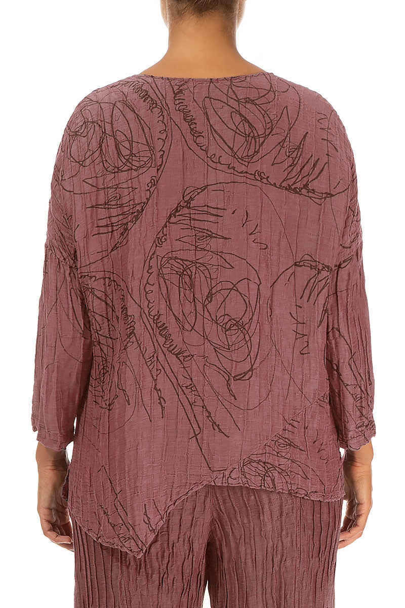 Asymmetric Crinkled Dusty Rose Abstract Draw Blouse