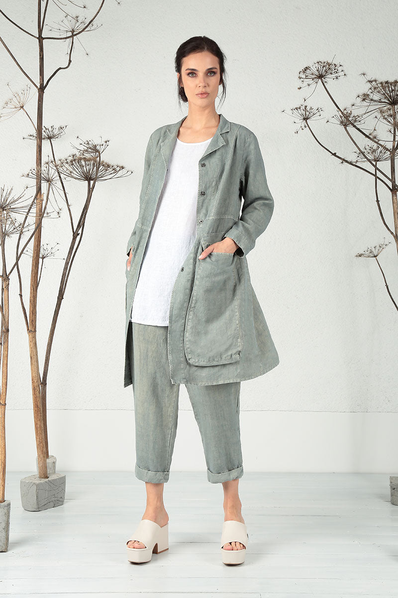 Side Pockets Off-Dye Sage Linen Jacket