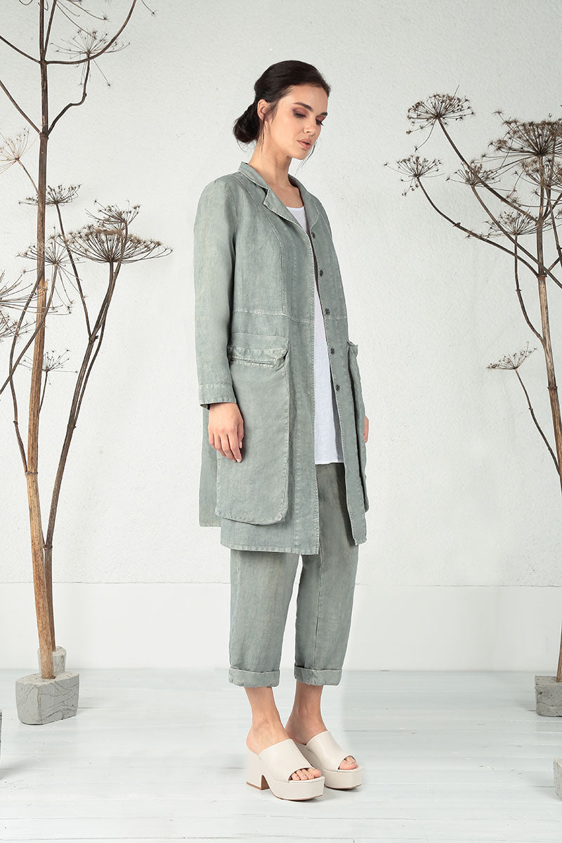 Side Pockets Off-Dye Sage Linen Jacket