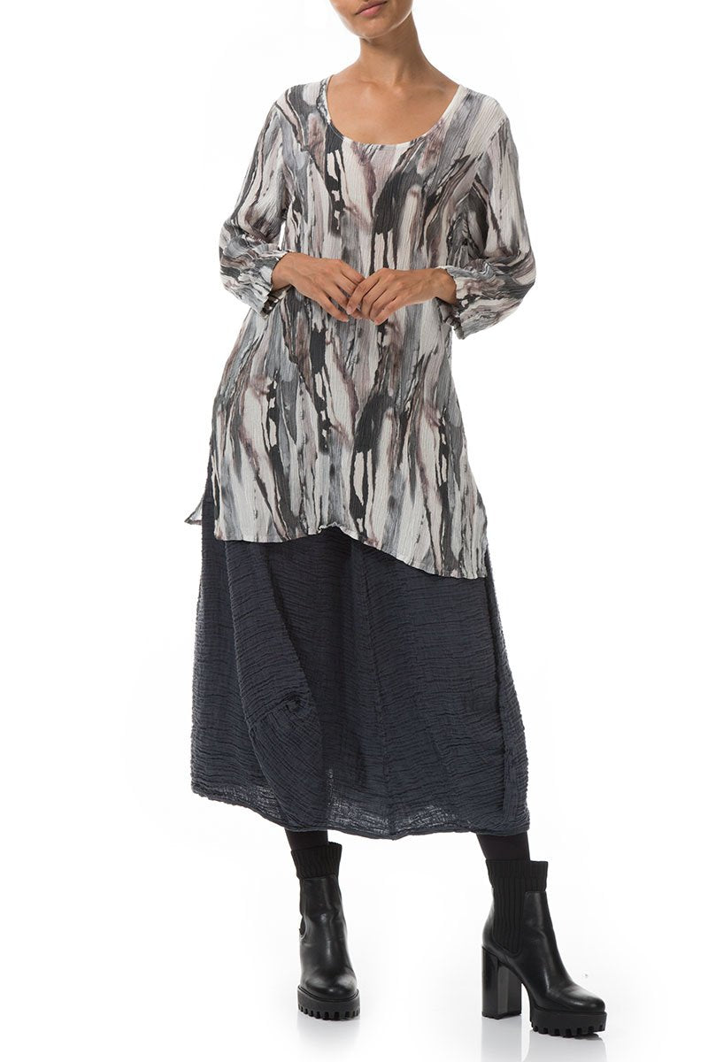 Side Slits Marble Crinkled Silk Viscose Tunic