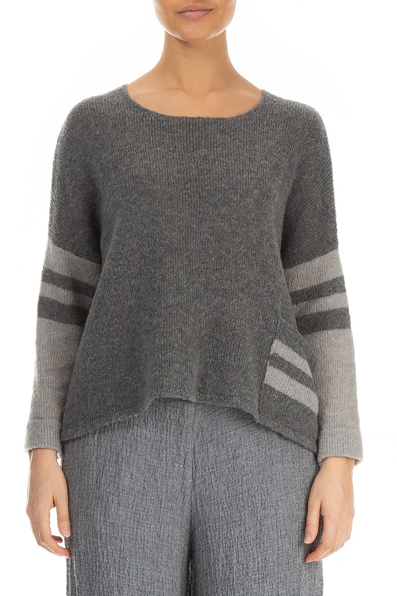 Single Pocket Stripy Grey Wool Sweater