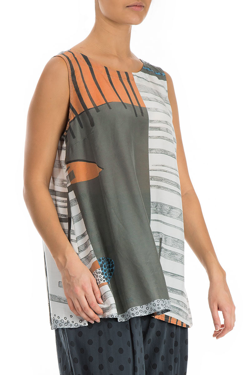Sleeveless Modern Print Silk Bamboo Blouse