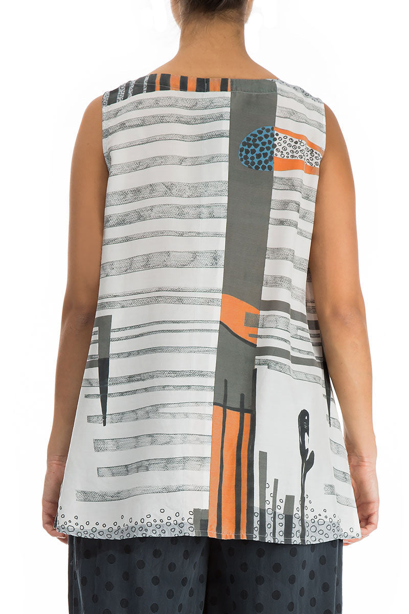 Sleeveless Modern Print Silk Bamboo Blouse