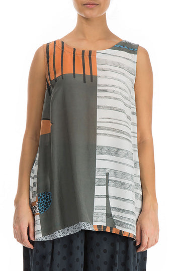 Sleeveless Modern Print Silk Bamboo Blouse