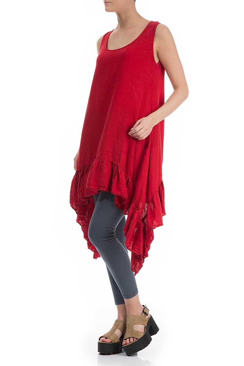 Ruffled Hem Sleeveless Bright Red Linen Tunic - Dress