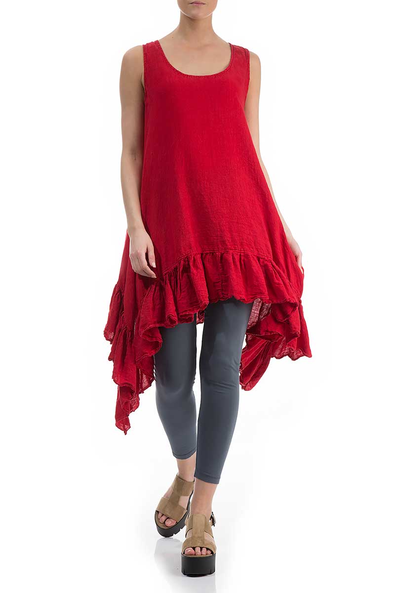 Ruffled Hem Sleeveless Bright Red Linen Tunic - Dress