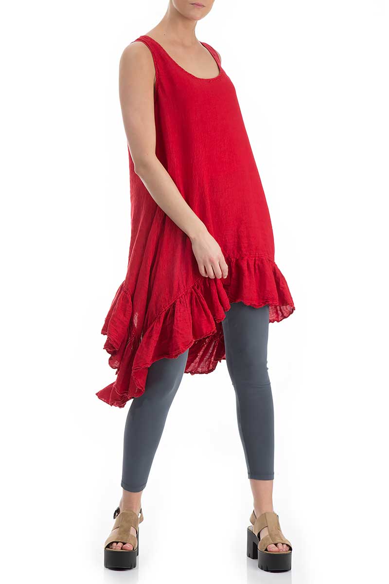 Ruffled Hem Sleeveless Bright Red Linen Tunic - Dress