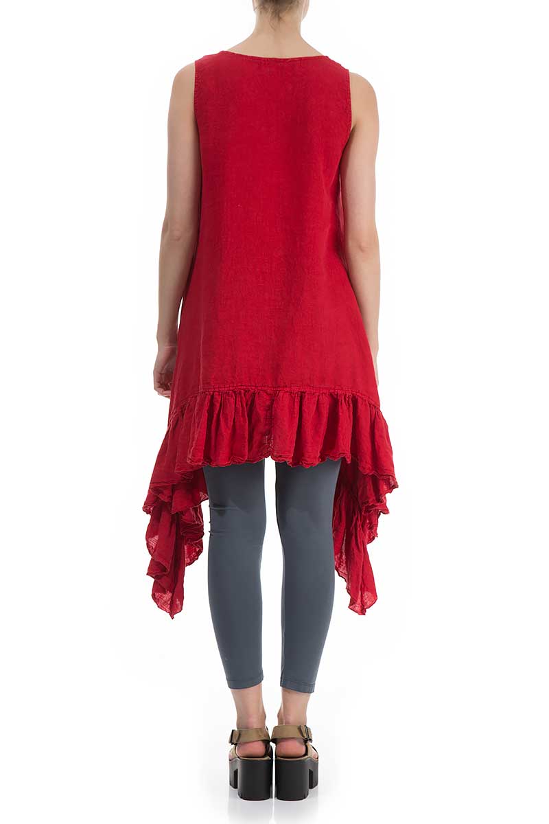 Ruffled Hem Sleeveless Bright Red Linen Tunic - Dress