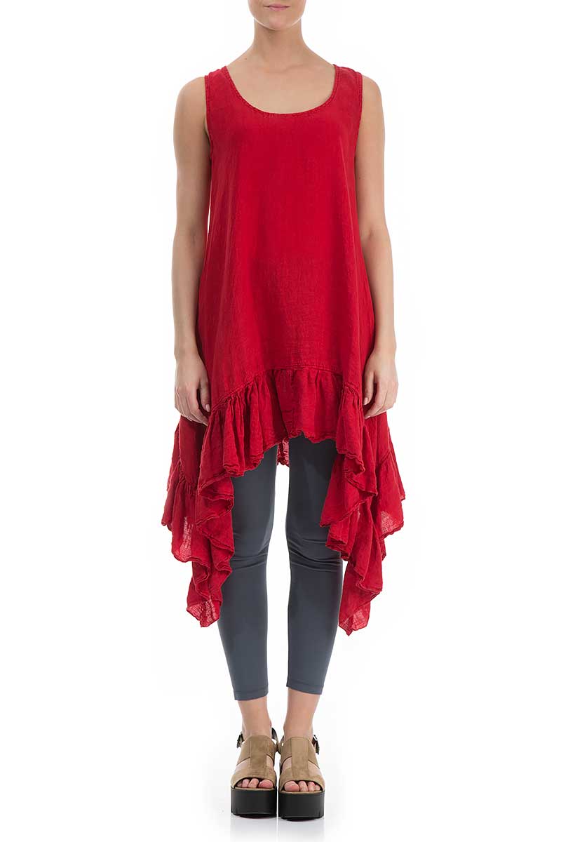 Ruffled Hem Sleeveless Bright Red Linen Tunic - Dress