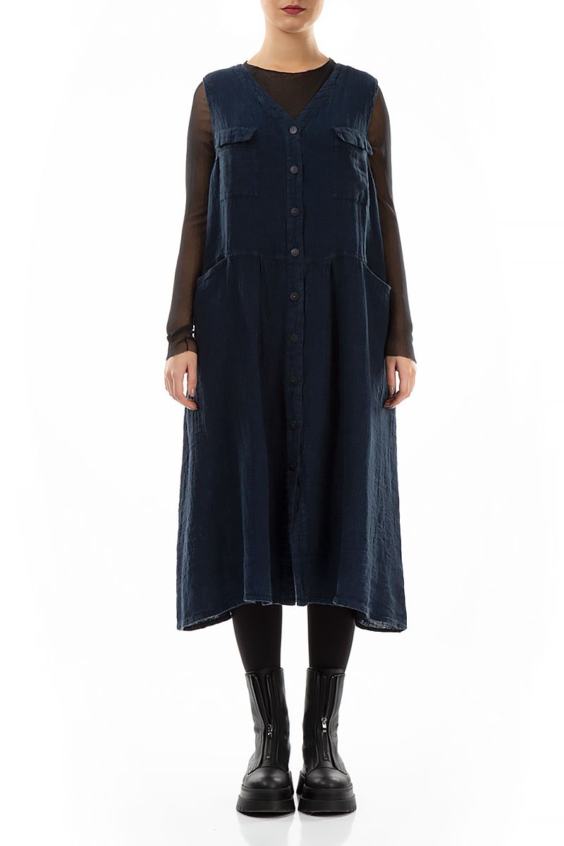 Sleeveless Cobalt Blue Mélange Linen Dress