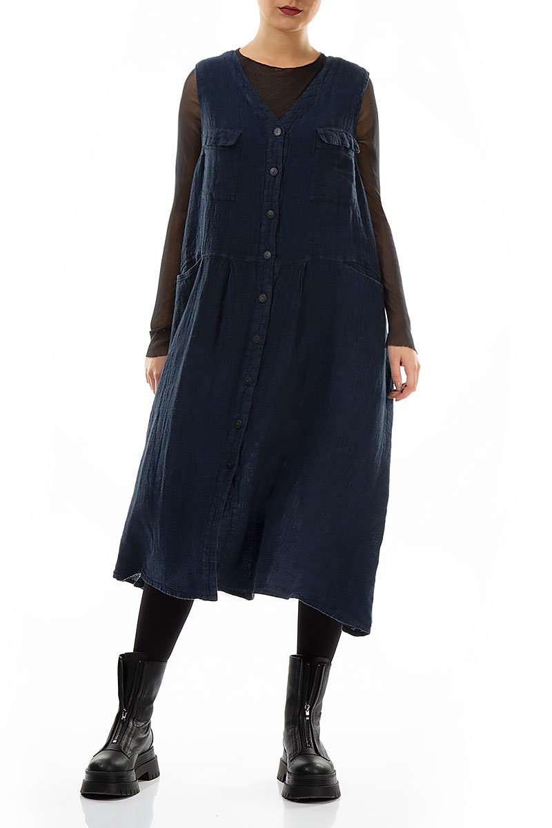 Sleeveless Cobalt Blue Mélange Linen Dress