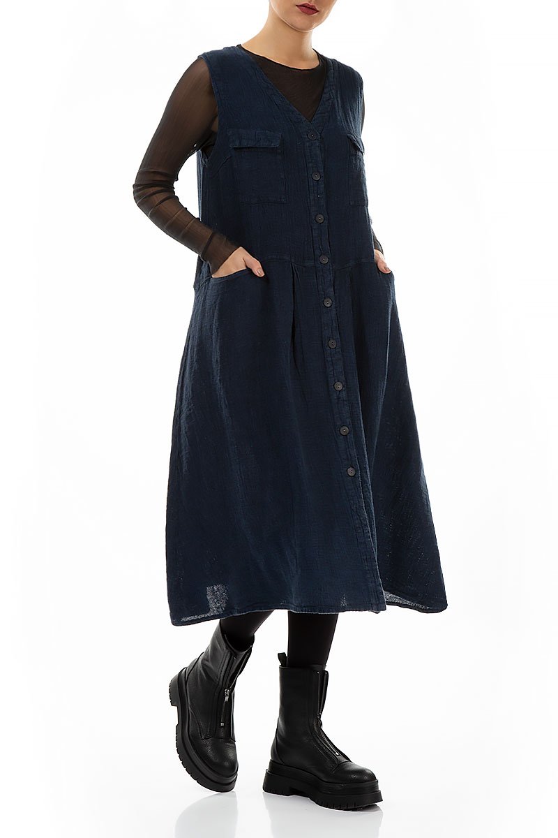 Sleeveless Cobalt Blue Mélange Linen Dress