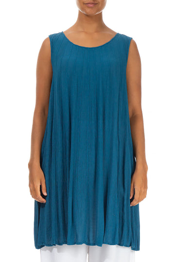 Sleeveless Crinkled Ocean Blue Silk Viscose Tunic - Dress