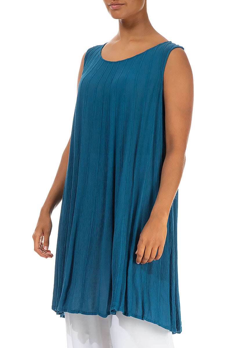 Sleeveless Crinkled Ocean Blue Silk Viscose Tunic - Dress