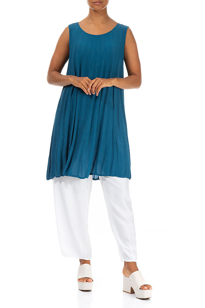 Sleeveless Crinkled Ocean Blue Silk Viscose Tunic - Dress