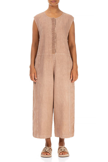 Sleeveless Cropped Off-Dye Beige Linen Jumpsuit