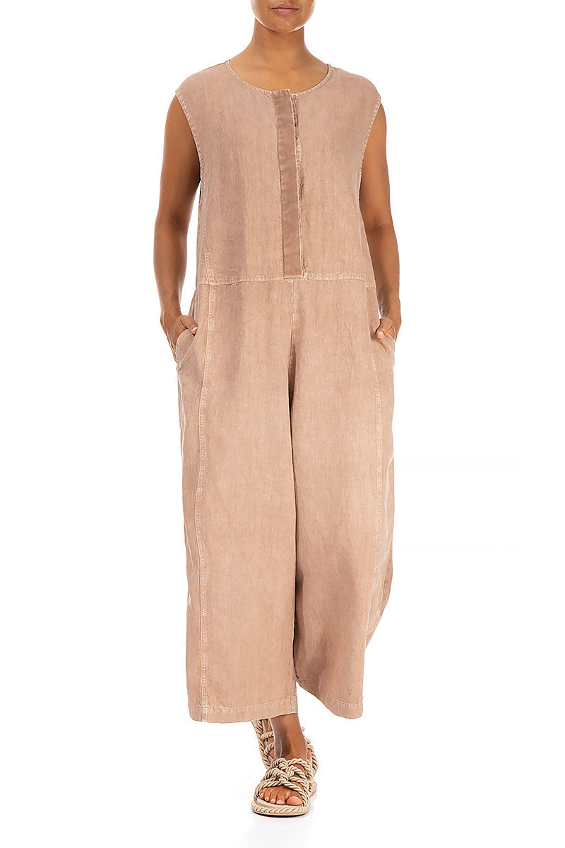 Sleeveless Cropped Off-Dye Beige Linen Jumpsuit