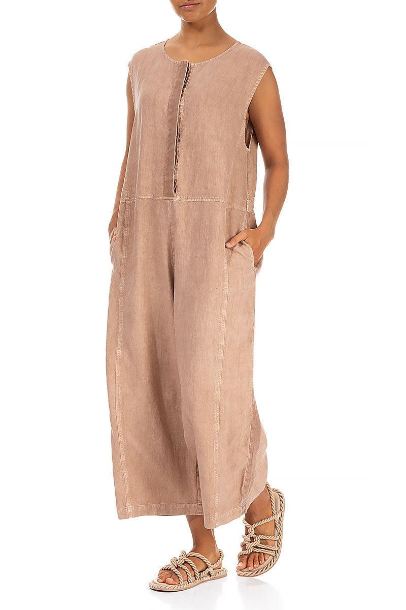 Sleeveless Cropped Off-Dye Beige Linen Jumpsuit