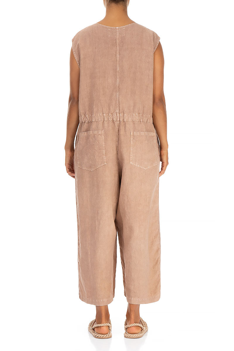 Sleeveless Cropped Off-Dye Beige Linen Jumpsuit