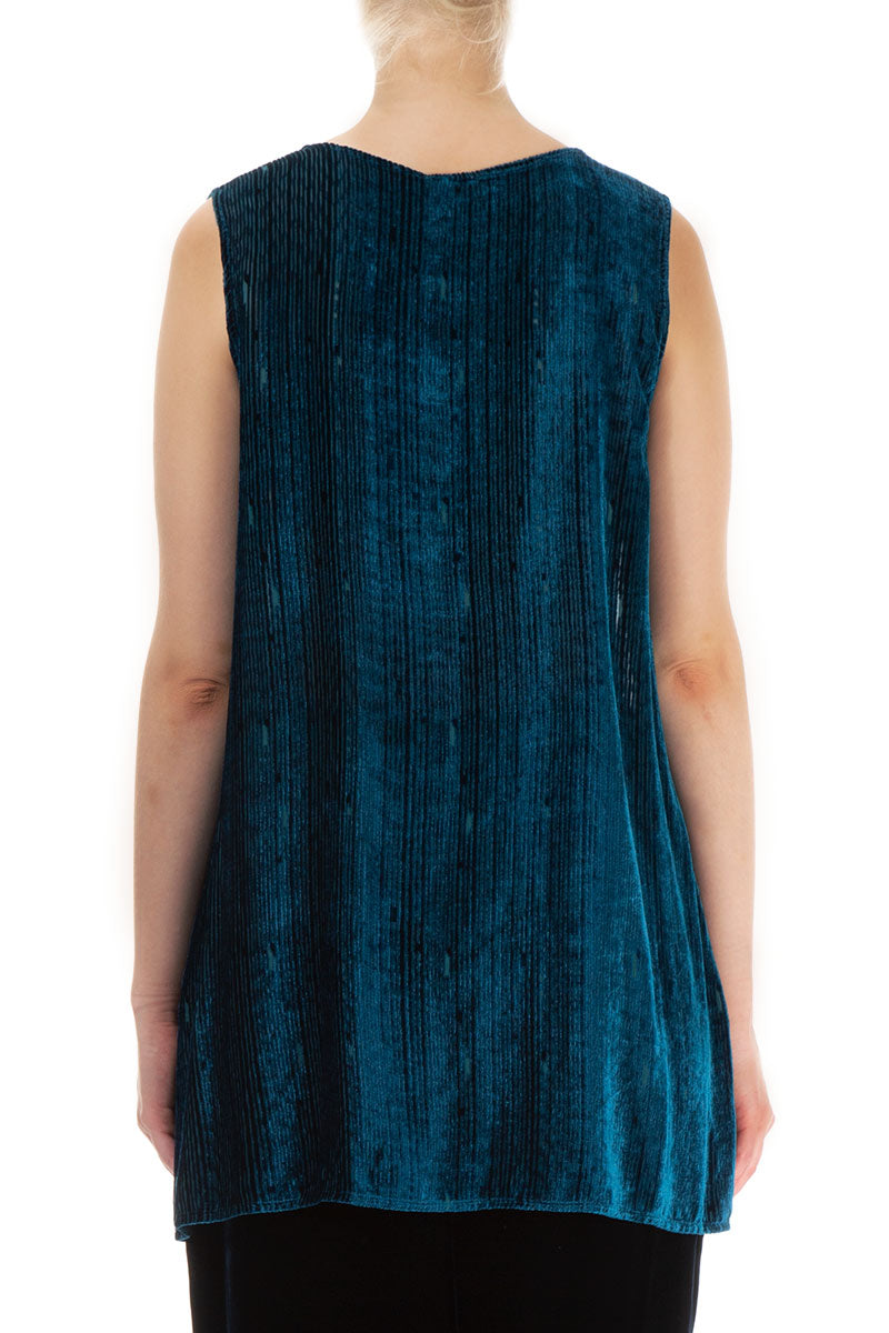 Sleeveless Devoré Stripes Blue Silk Velvet Blouse