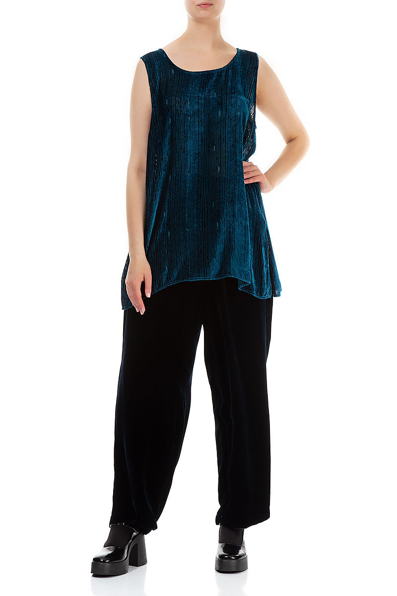 Sleeveless Devoré Stripes Blue Silk Velvet Blouse