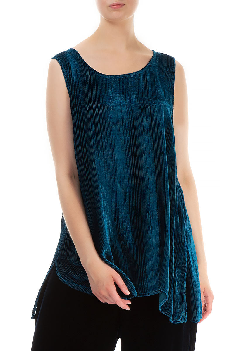 Sleeveless Devoré Stripes Blue Silk Velvet Blouse