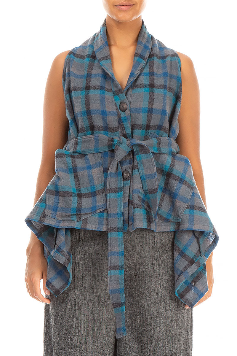 Sleeveless Draped Checkered Wool Jacket Blouse